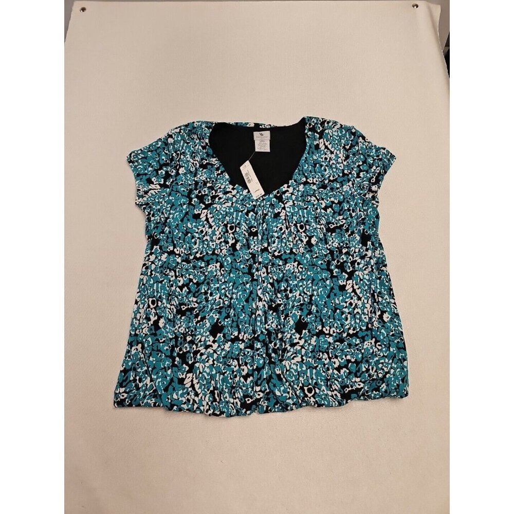 Worthington Tunic Top Sz L Abstract Animal Print Blouse Flowy Gathered Waist New
